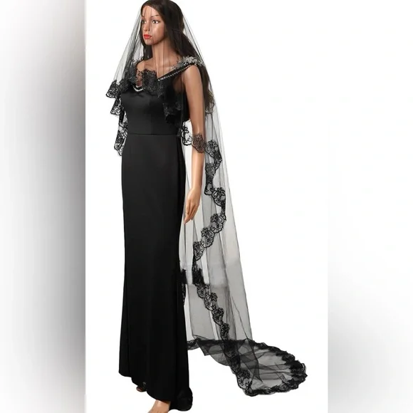 Black Veil Brides Wedding Long Pearl Mourning Funeral Lace Bridal Halloween Veil Black Veil Brides Wedding Veil Funeral Veils Corpse Bride  main image 3